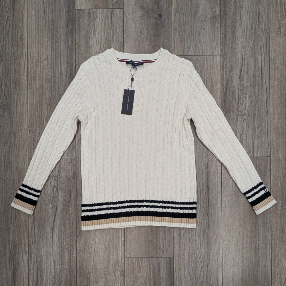 Tommy Hilfiger Cable Knit Sweater Crewneck Cotton Ivory Blue Tan Striped Trim L